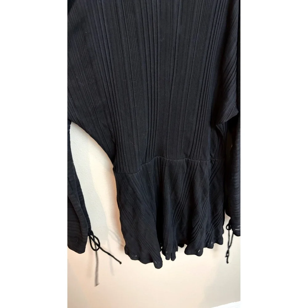 Free People Beach Cold Shoulder Mini Dress S/P Black Ribbed Knit Tie Sleeve Boho